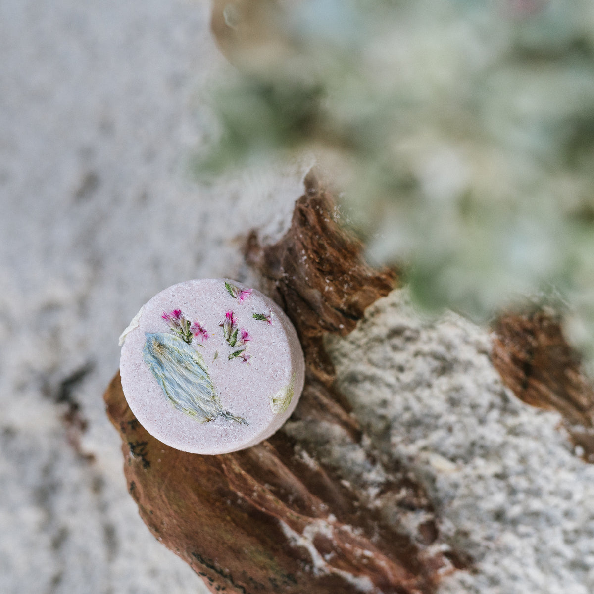 Natural lavender shower steamer surrounded by botanicals
